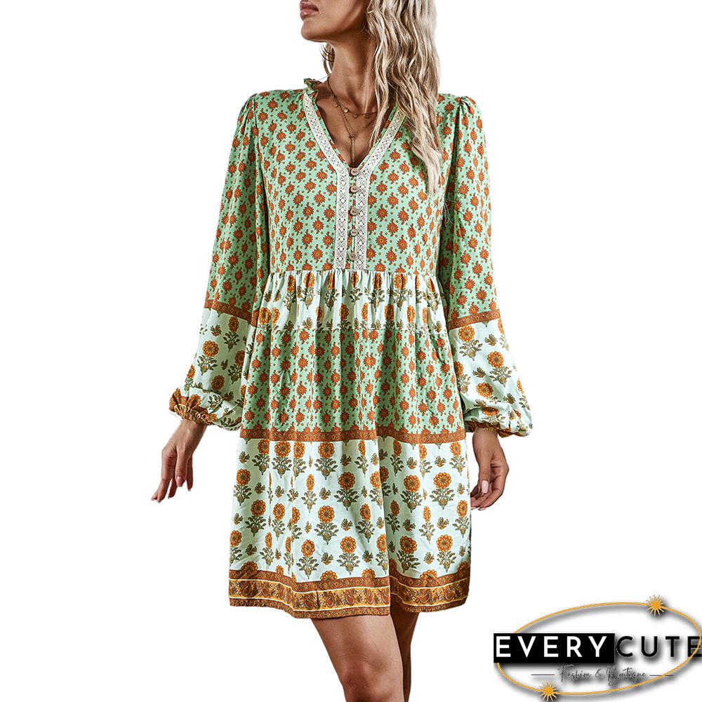 Light Green Bohemia Print Button Detail V Neck Long Sleeve Dress