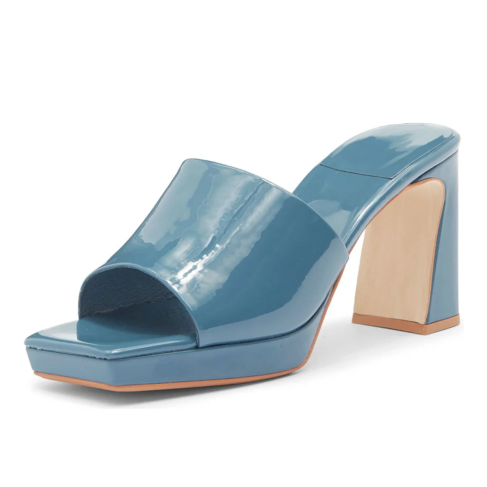 Dusty Blue Square Toe Chunky Heel Wide Strap Slides with Platform