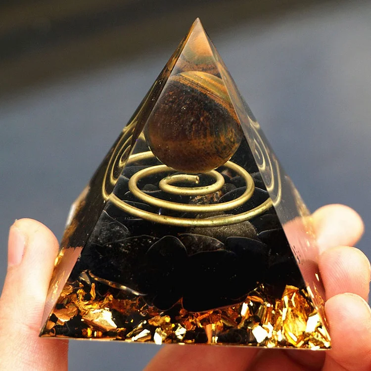 Tiger Eye Crystal Sphere with Obsidian Orgone Pyramid