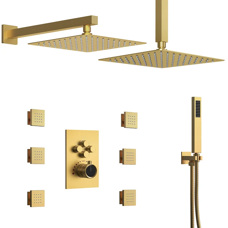 SFS-1032-GD12 12" Ceiling Mount Dual Shower Head and Handheld Shower with 6 Jets in Brushed Gold(Valve Included)