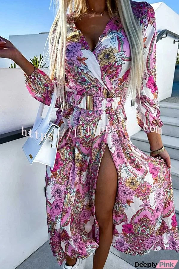 Paisley Print V Neck Long Sleeve Slit Slim Fit Dress