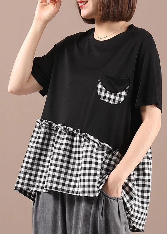 Black O-Neck Plaid Patchwork Summer Cotton Linen Shirts Short Sleeve
