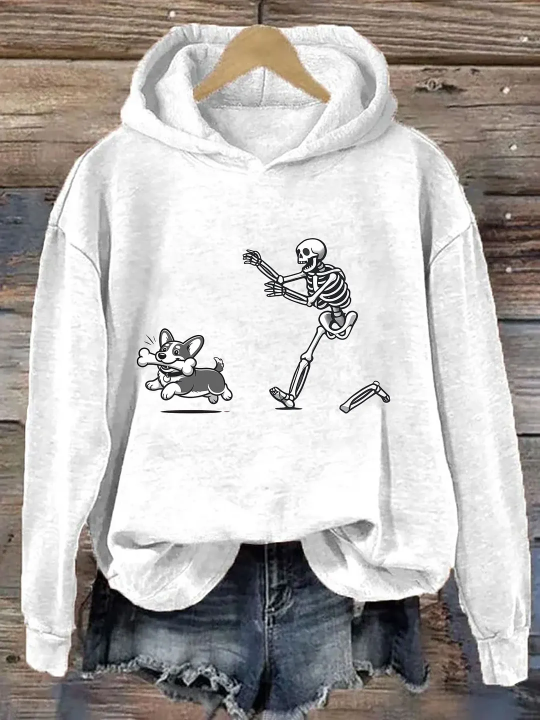 Funny Skeleton Chasing Corgi Hoodie