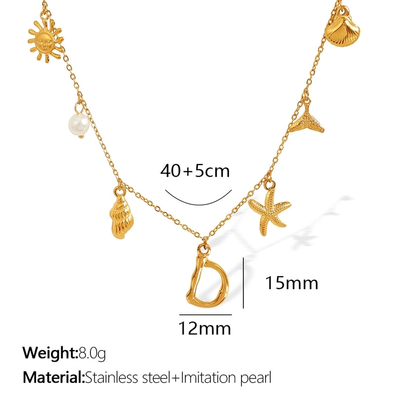 Beach Starfish 304 Stainless Steel Artificial Pearls 18K Gold Plated Polishing Inlay Pendant Necklace