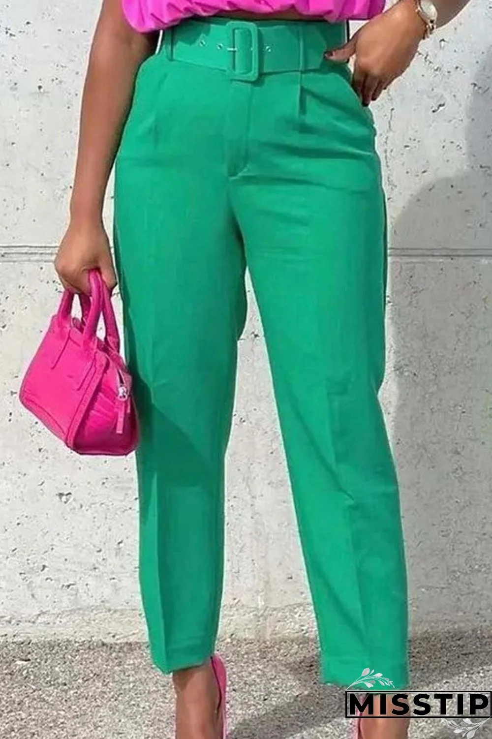 Pink Casual Solid Patchwork With Belt Regular High Waist Conventional Solid Color Trousers