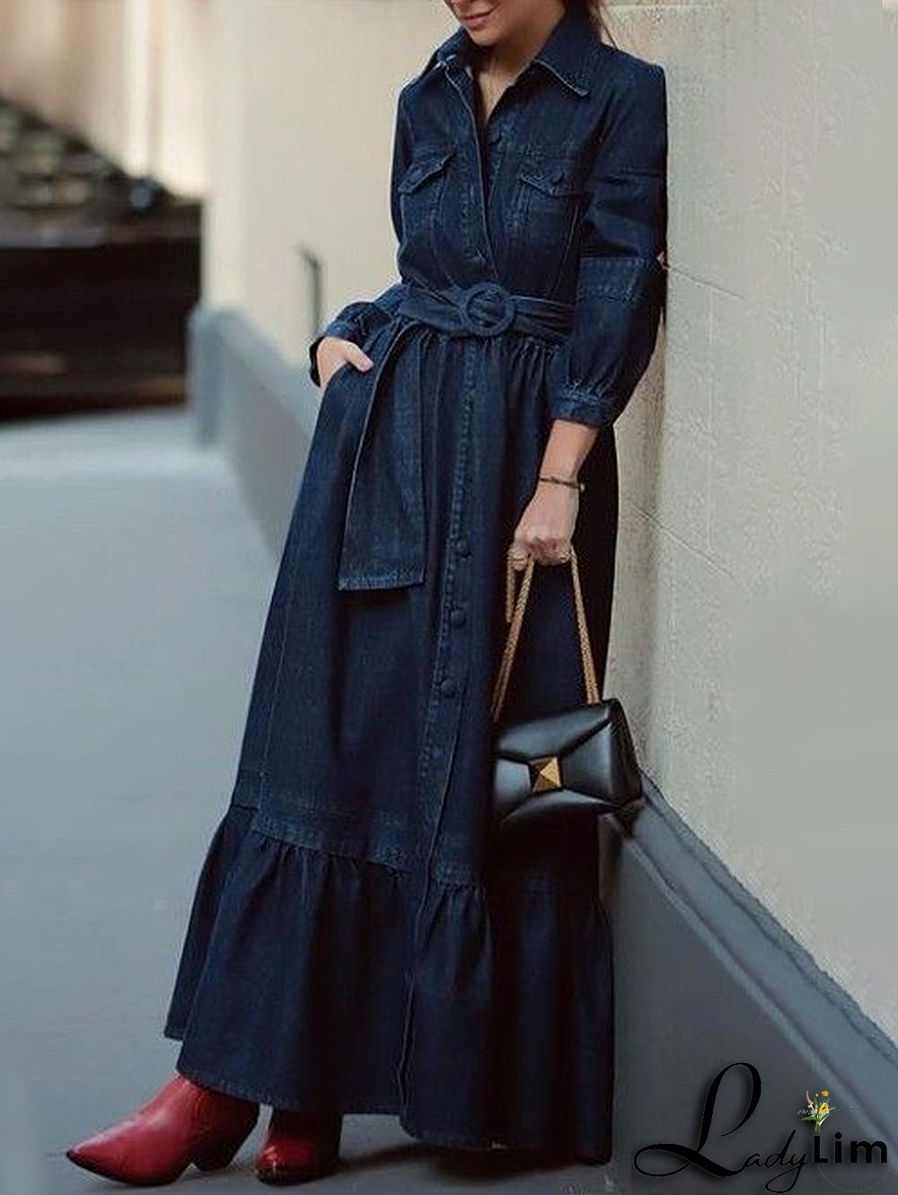Casual Denim Turndown Collar 3/4 Sleeve Belt Midi Dress