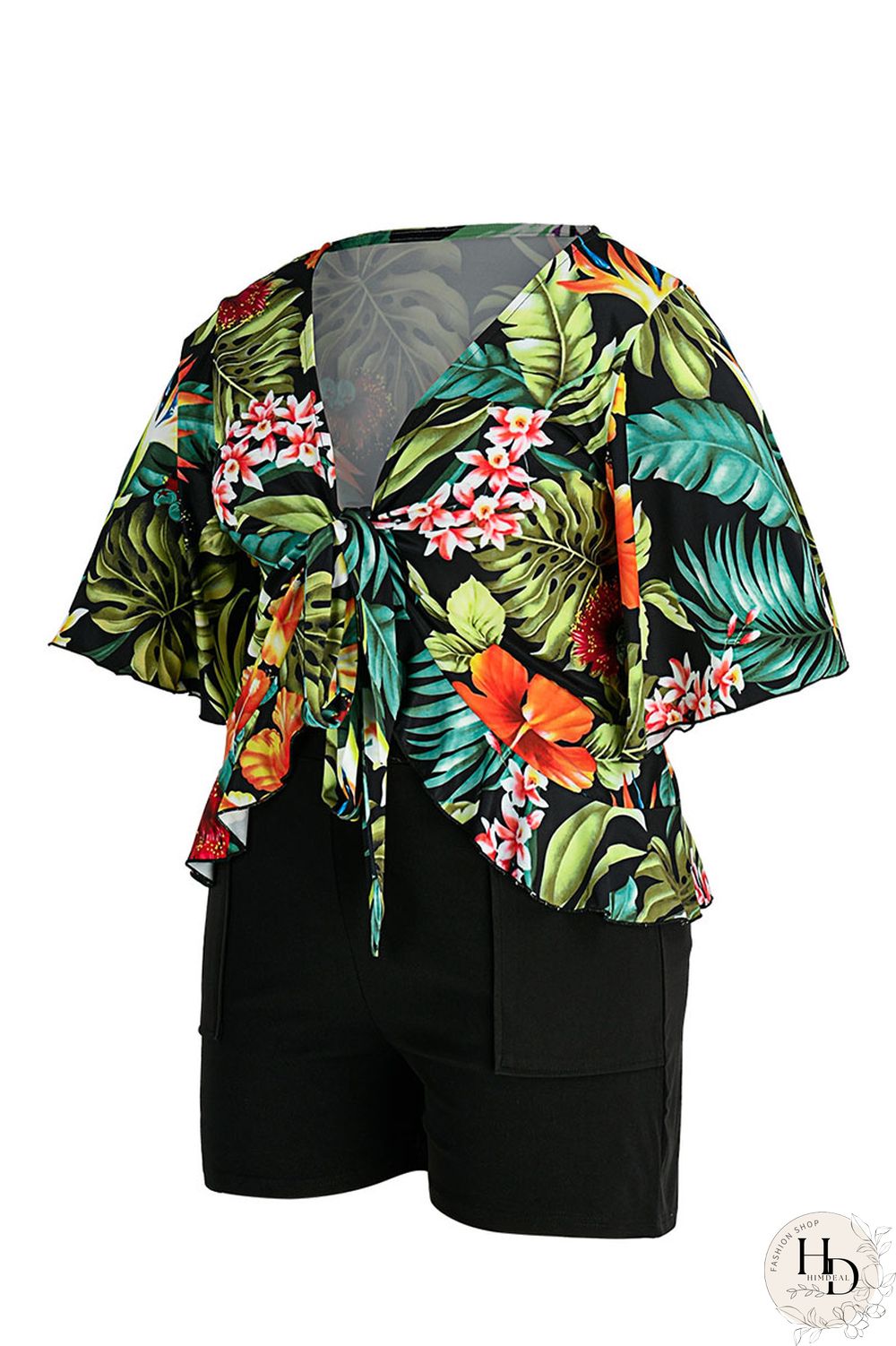 Blue Casual Print Bandage Split Joint V Neck Plus Size Two Pieces