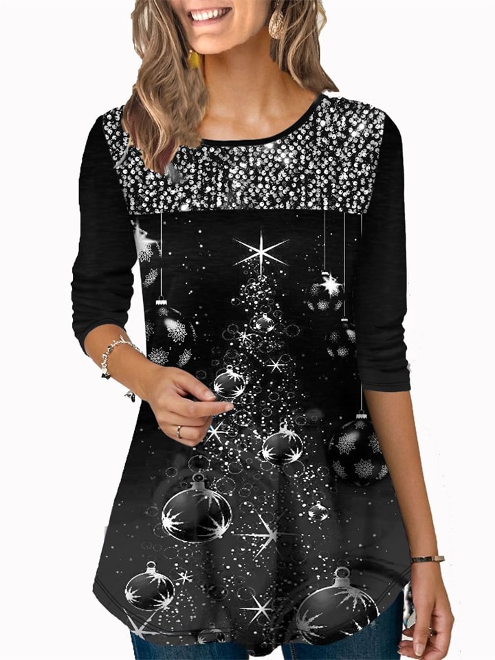 Women's T shirt Tee Tunic Green Black Blue Graphic Christmas Tree Print Long Sleeve Christmas Weekend Christmas Round Neck Long 3D Printed Painting S-Hoverseek
