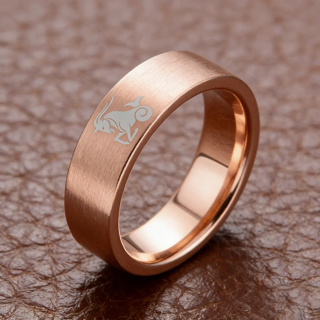 Men Women Rose Gold Capricorn Tungsten Carbide Rings Couple Wedding Bands Flat Comfort Fit 4MM 6MM 8MM Width