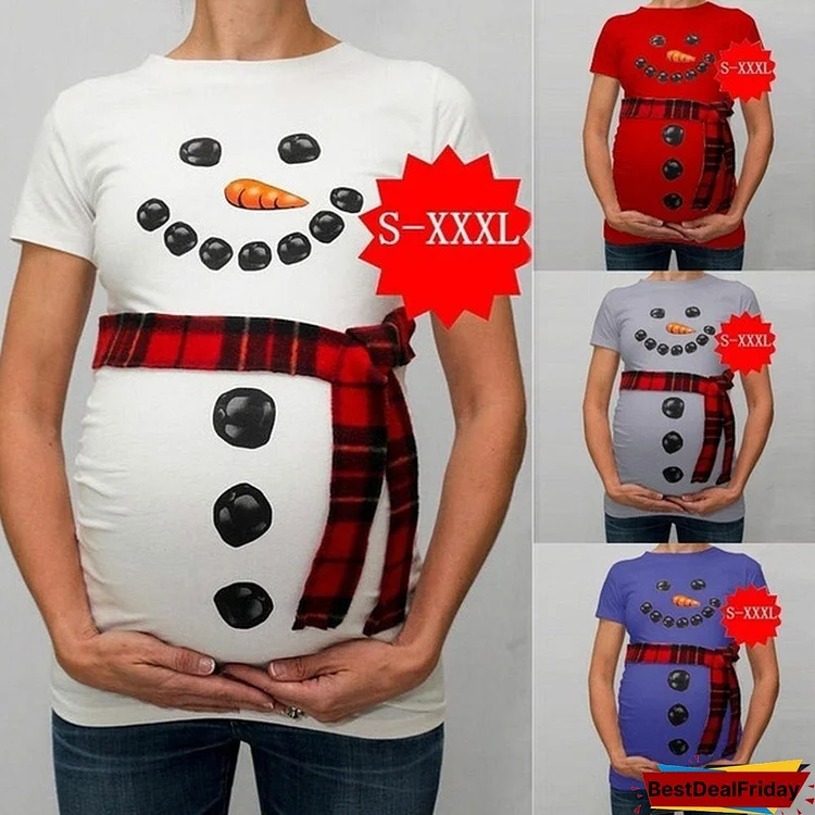 S-3XL Women's Fashion Funny Snowman Print Pregnant Maternity T Shirts Casual Pregnancy Clothes for Pregnant Women