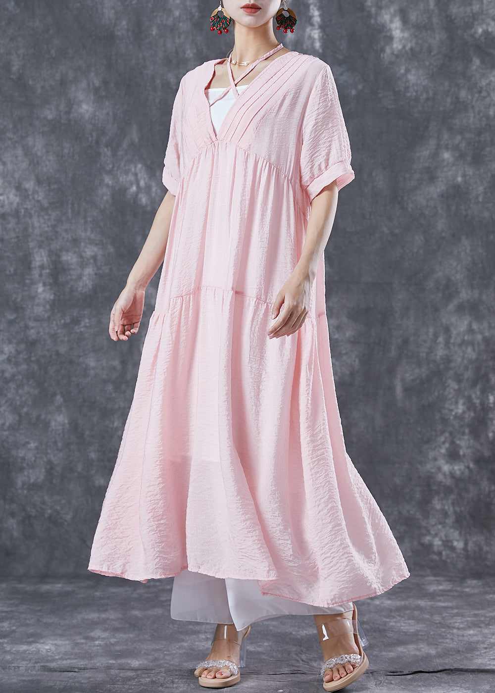 VCSHOES Pink V Neck Patchwork Exra Large Hem Cotton Holiday Dress Summer