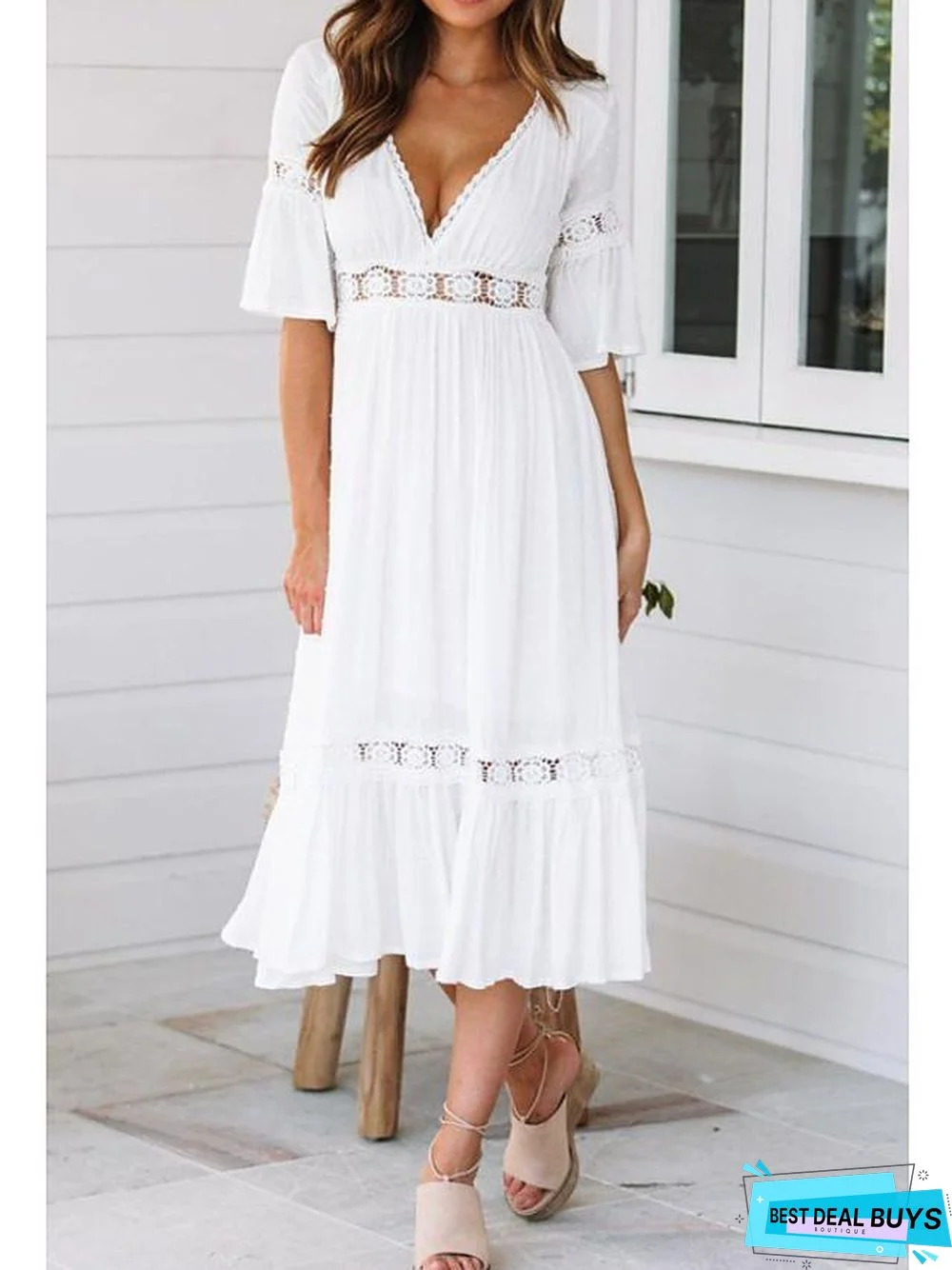 Women's Swing Dress Midi Dress - Half Sleeve Solid Colored Summer Spring & Summer V Neck Hot Beach Vacation Dresses Flare Cuff Sleeve White / Sexy White Dresses