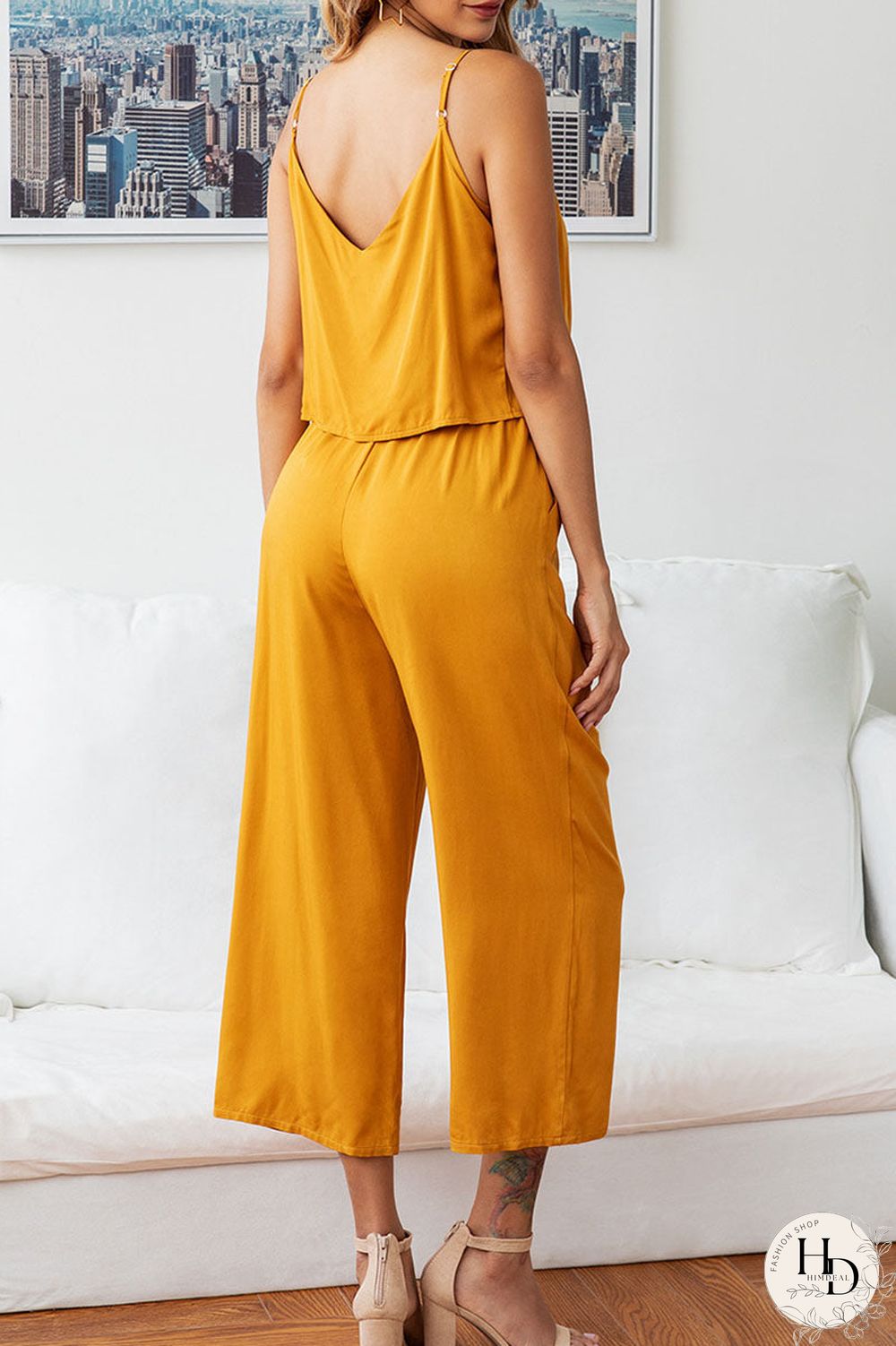 Fashion Street Solid Split Joint V Neck Loose Jumpsuits