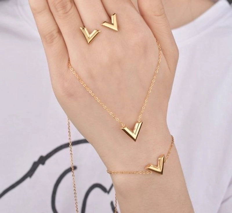 Fashion V Shape Stainless Steel Plating Bracelets Earrings Necklace