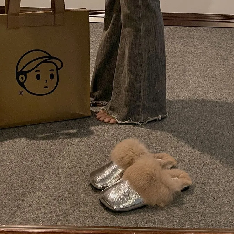 Breakj Breakj Wool Head Half Slippers Women Wear Plus Plus Velvet 2025 New Autumn And Winter Square Head Muller Plush Warm Cotton Drag