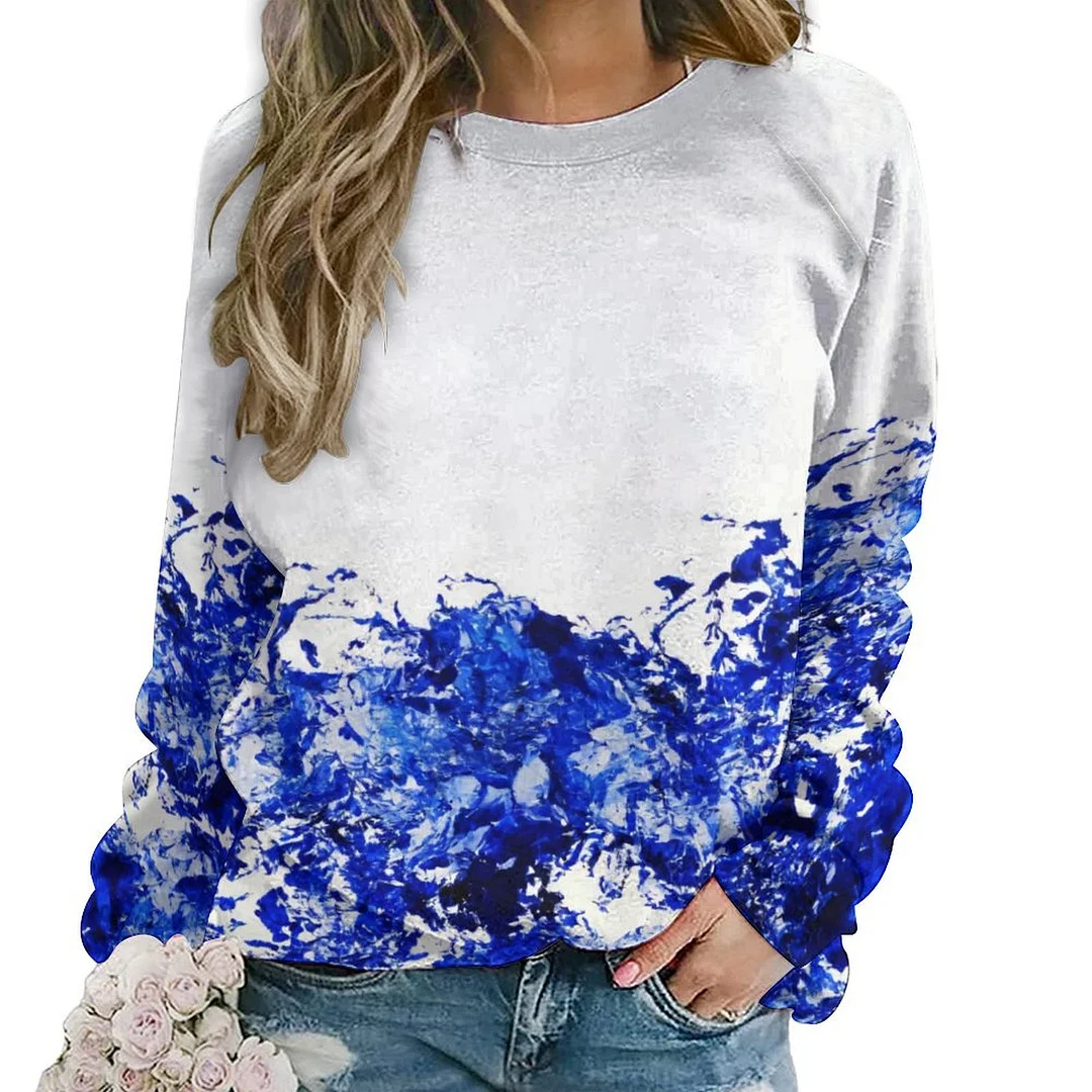 Printed Long Sleeve Casual Sweatshirt for  Women and Men Unisex Pattern Blue, Abstract