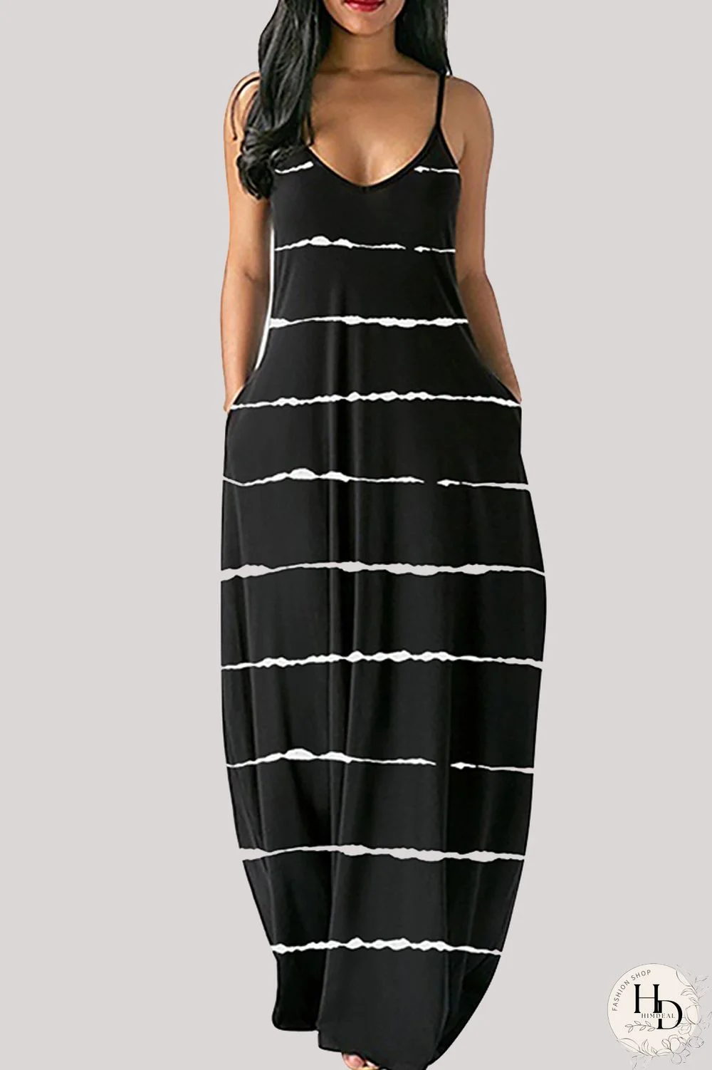 Black Fashion Striped Print Backless Spaghetti Strap Long Dress