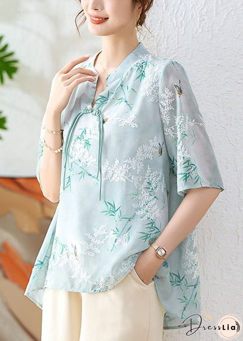 Green Print Chiffon Blouses Stand Collar Half Sleeve