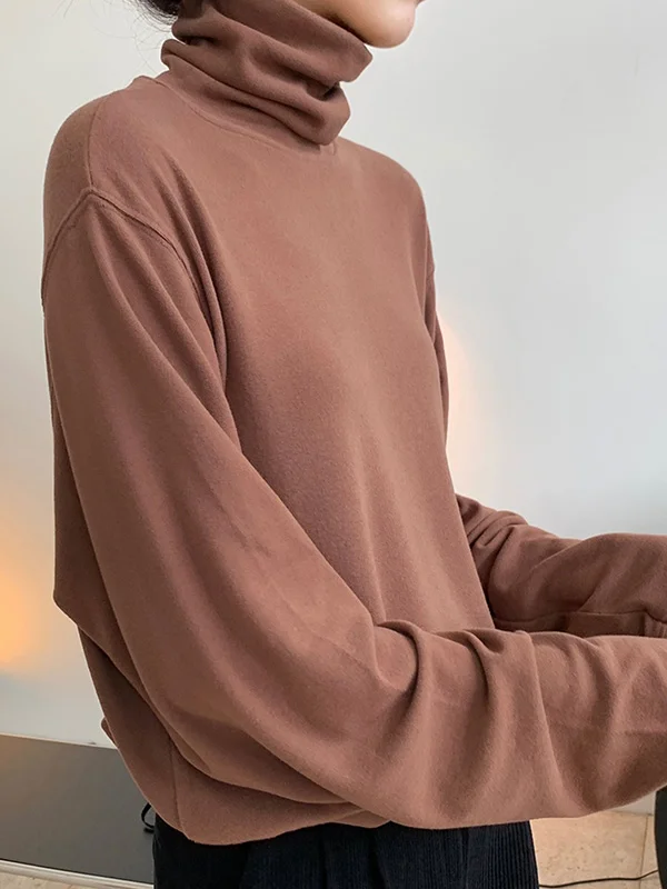 Simple Solid Color High-Neck Long Sleeve T-Shirt