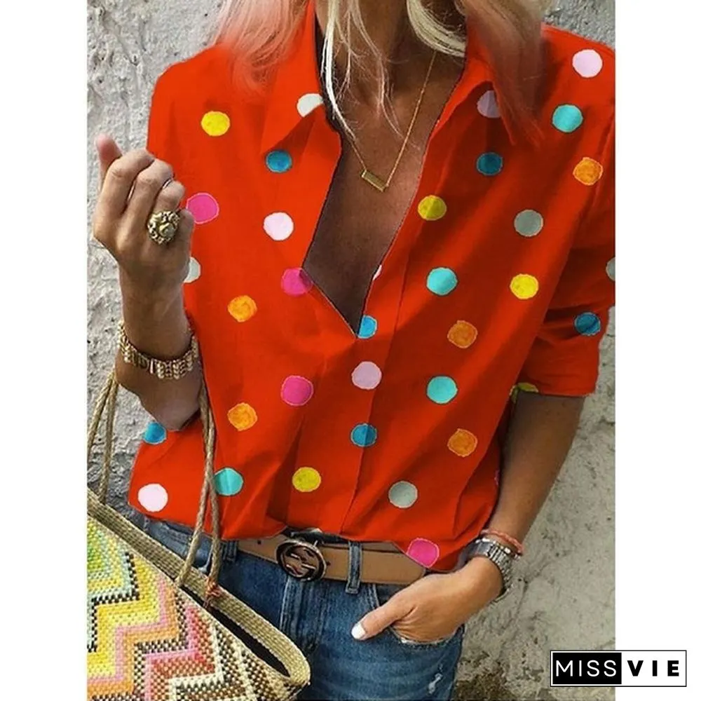 Women Long Sleeve Loose Casual Polka Dot Summer Shirts Blouse