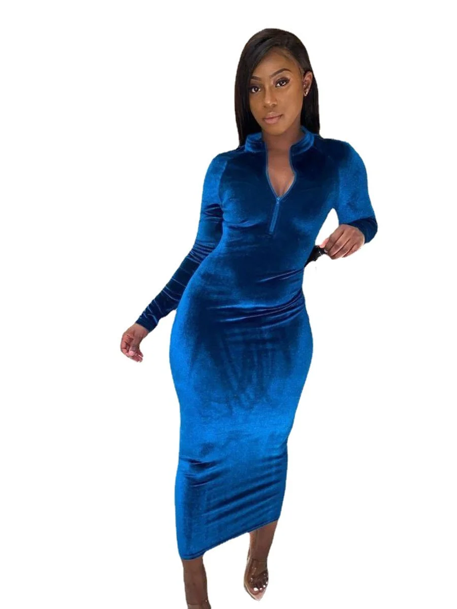 Velvet Dress Deep V-Neck Long Sleeve Zipper Maxi Bodycon Dress