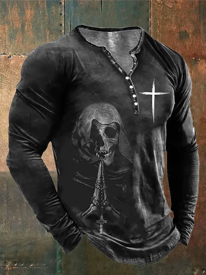 Men's Retro Dark Style Skull Print Long Sleeve Top