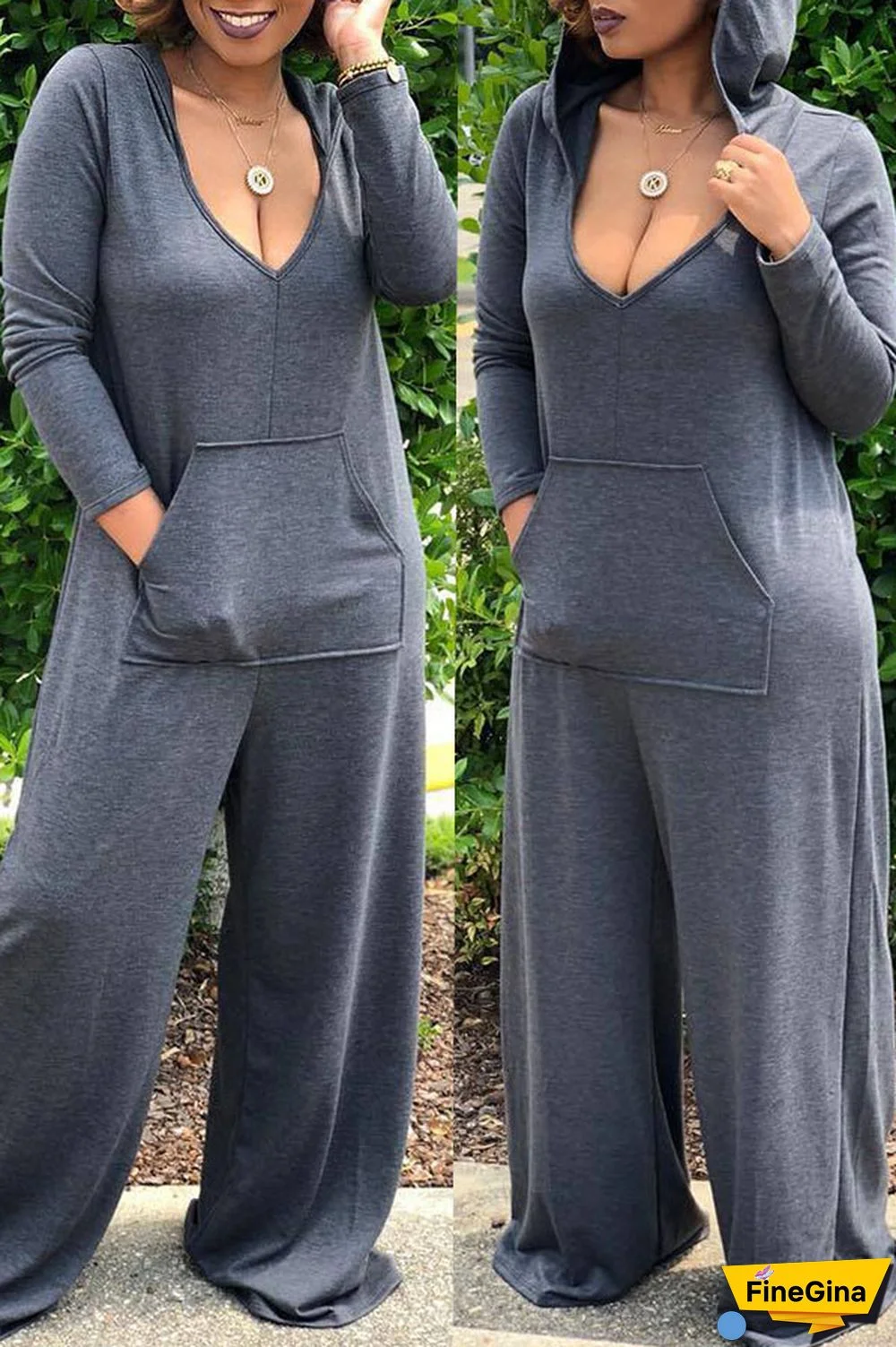 Grey Elastic Fly Mid Solid Loose Pants Jumpsuits & Rompers