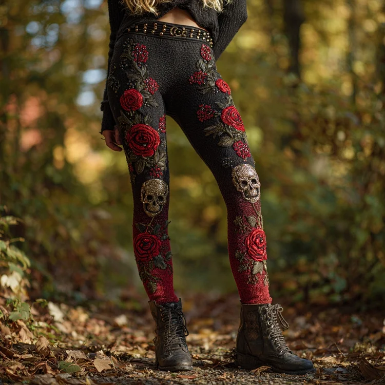 Women's Vintage Skull And Rose Pattern Comfortable Leggings