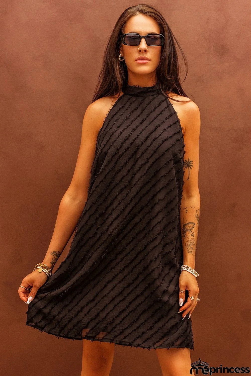 Textured Halter Lace-up Sleeveless Mini Dress