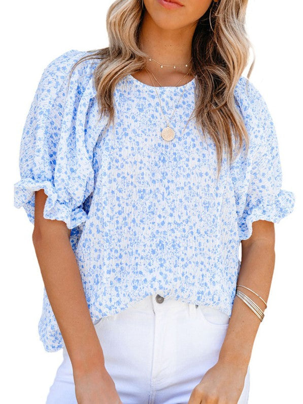 Short Sleeve Crew Neck Printed Puff Sleeve Pullover Shirt