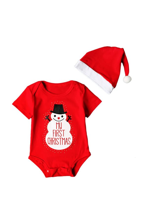 Cute Short Sleeve Snowman Print Christmas Infant Costume Bodysuit Red-elleschic