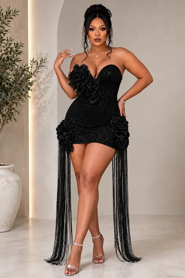 sequin fringe bodycon dress Loragal Strapless 3D Rose Long Mini Dresses-Black Black-S Women's Lace Chiffon High Red Quinceañera Dress Color:Vintage Plum starter boasts alternating layers