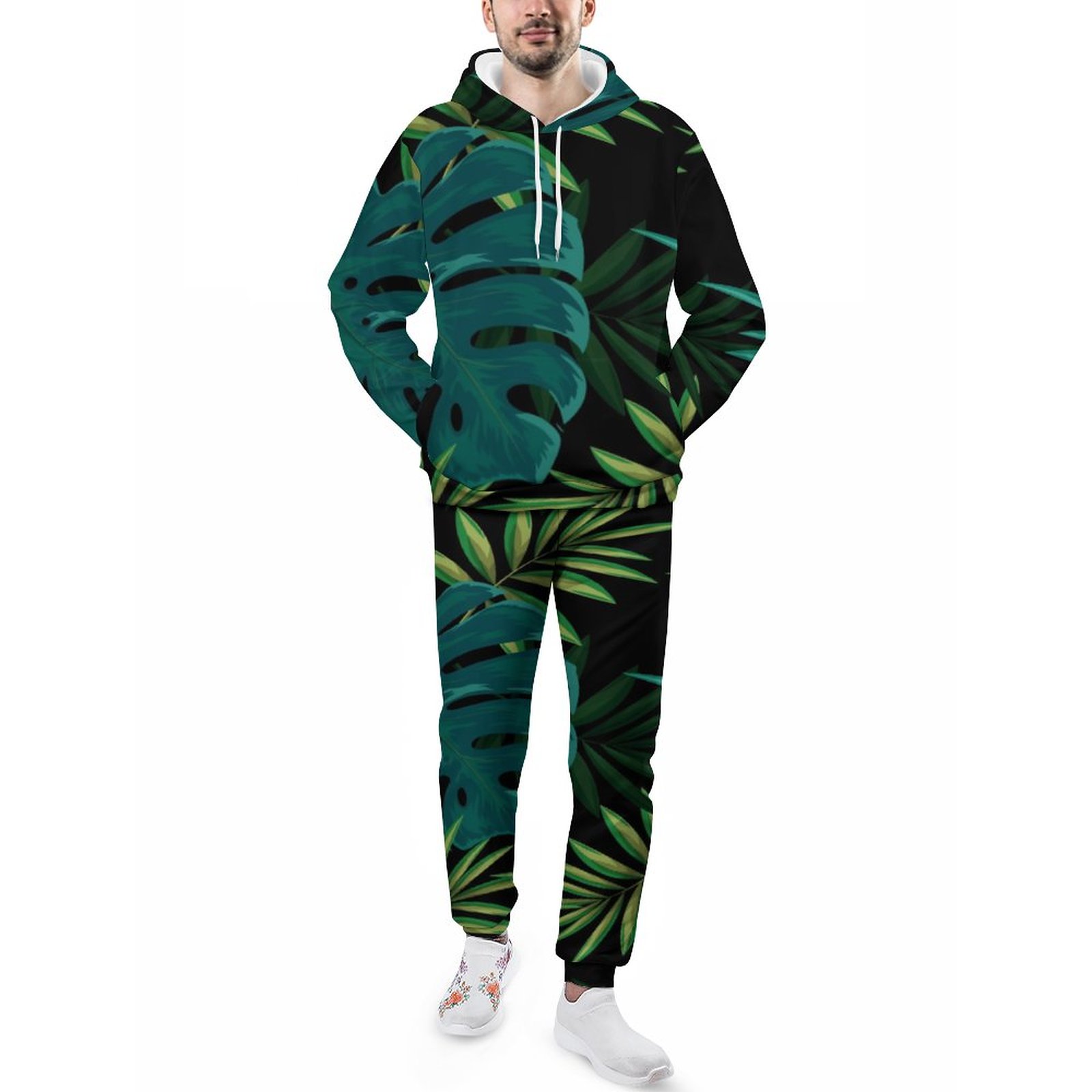Elegant Tropical Botanical Leaves Acrylic Art Men's Sweatsuits Set Guys Casual Athletic Pullover And Sweatpants Suit Outfit