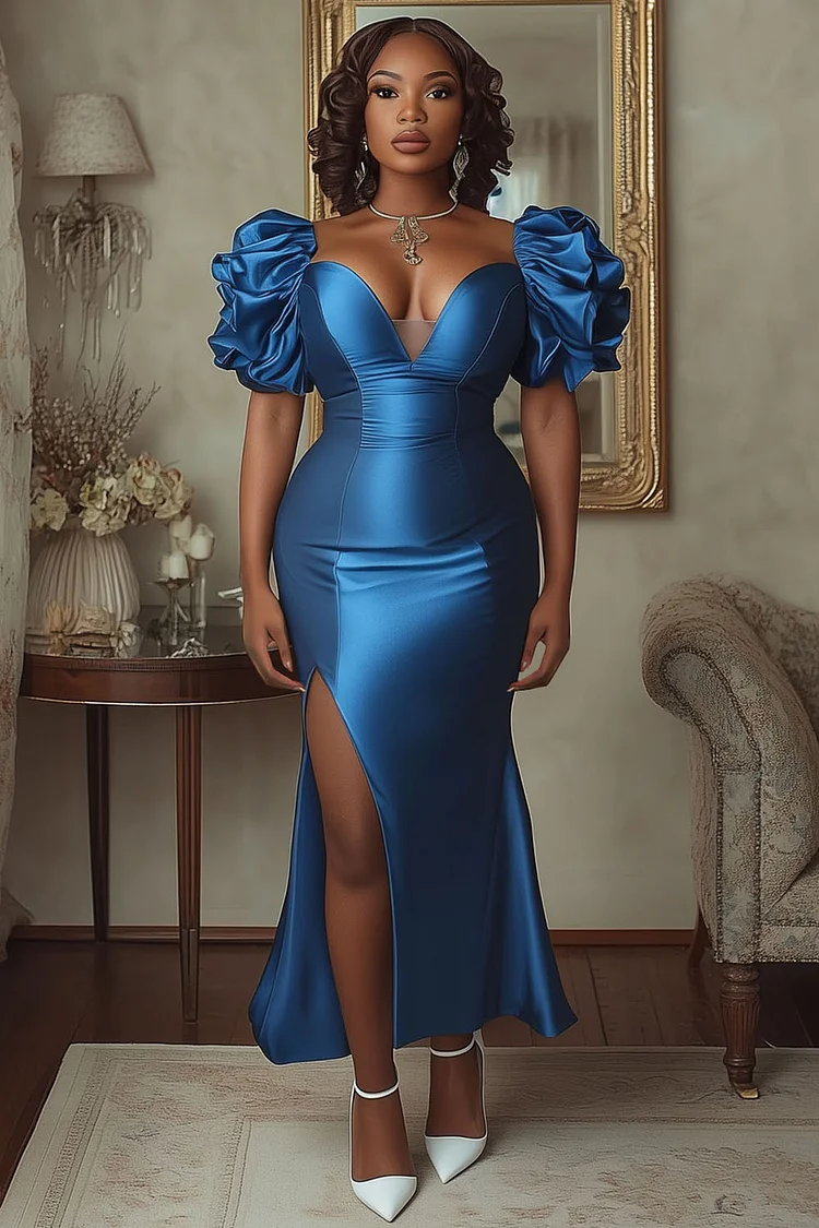 Ruffle Sleeve V Neck Slit Party Bodycon Satin Maxi Dresses-Blue [Pre Order]