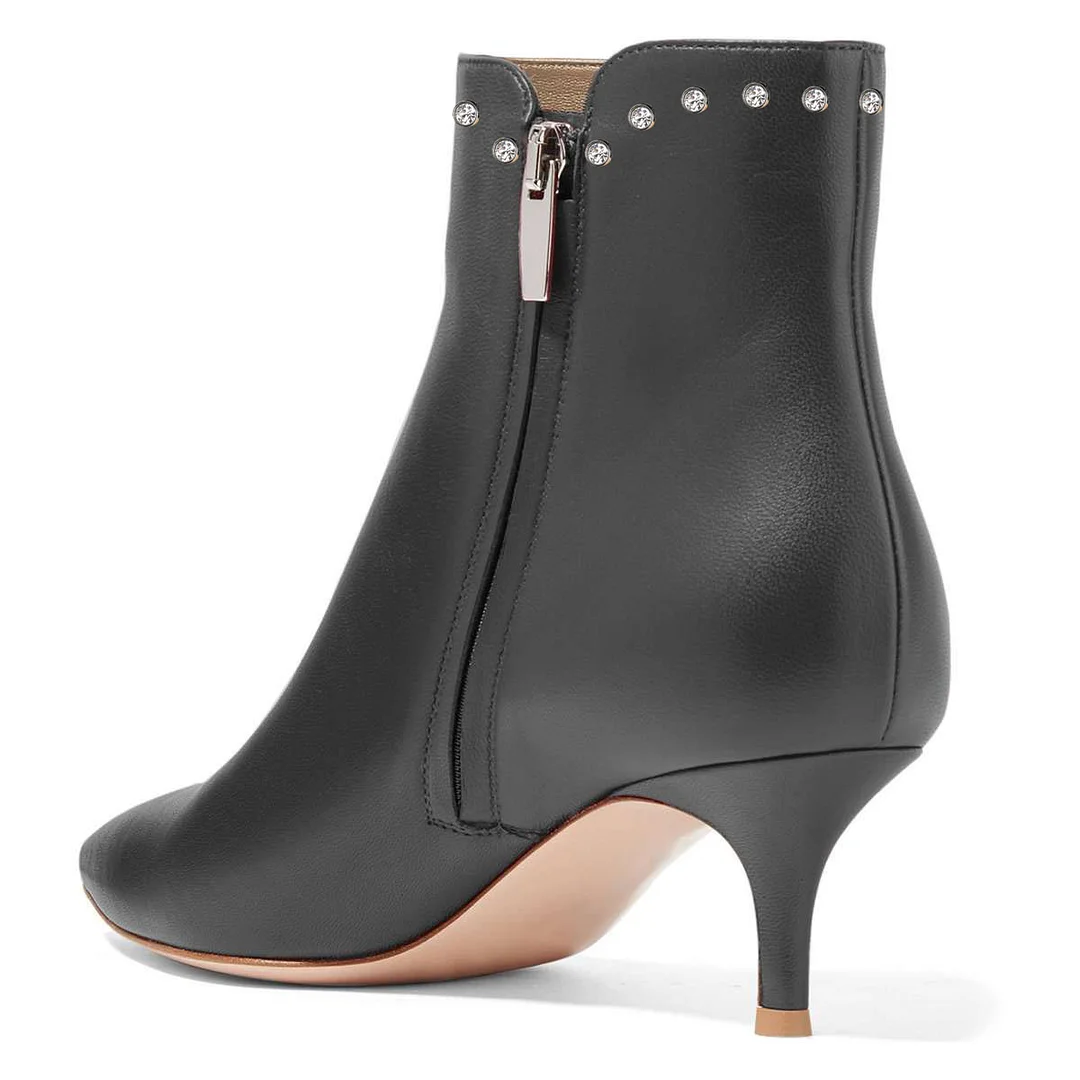 Vegan Leather Kitten Heel Side-Zip Studded Ankle Boots in Black