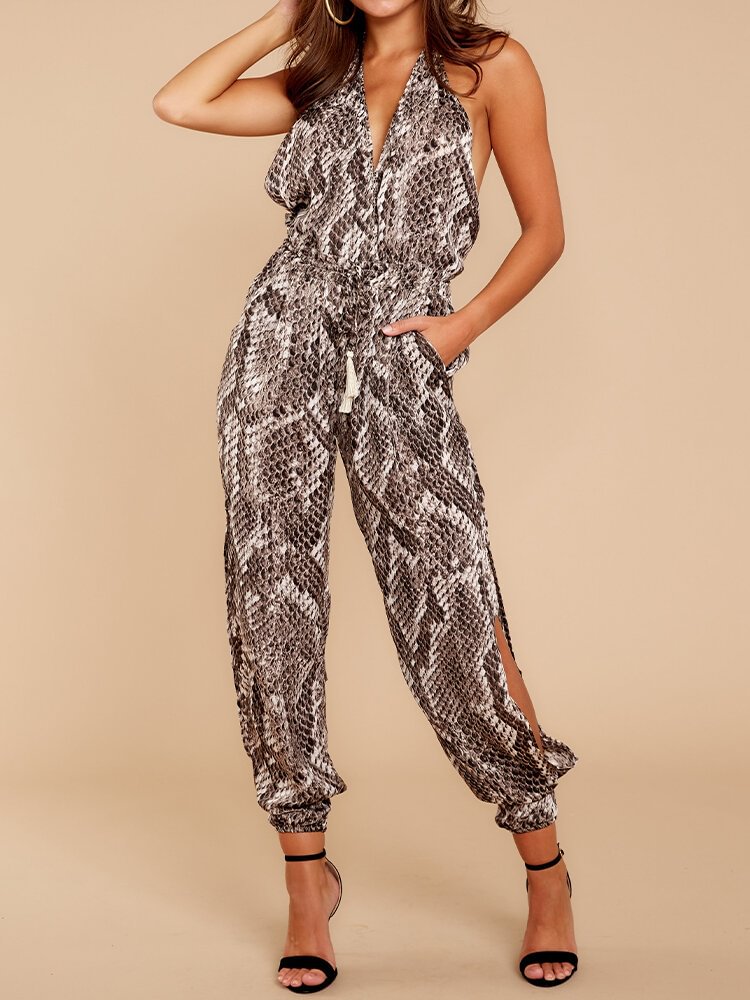 Snake Print Button Hollow V-neck Casual Long Jumpsuit for Women - Life is Beautiful for You - SheChoic