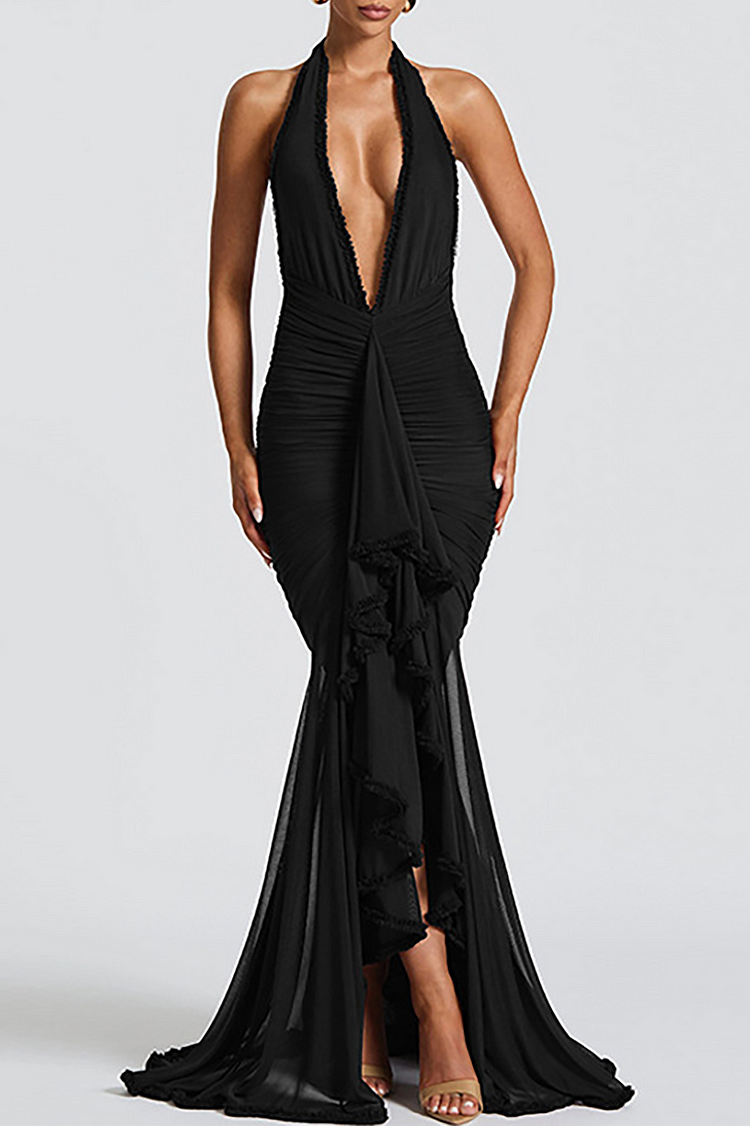 Halter Deep V Neck Ruched Bodycon Ruffled Fishtail Gowns Maxi Dresses-Burgundy