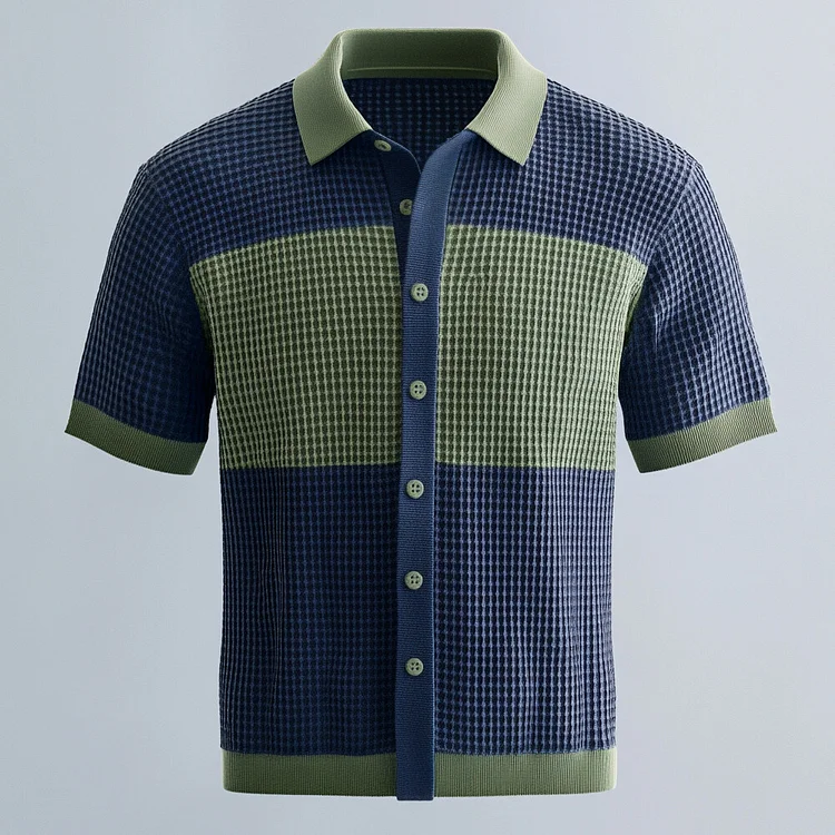 Men's Knitted Colorblock Button Short Sleeve Shirt