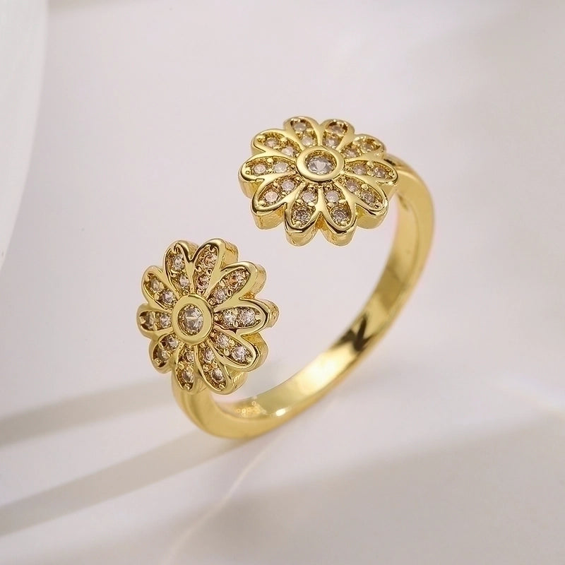 Minimalist Commute Flower Copper 18k Gold Plated Zircon Open Ring In Bulk