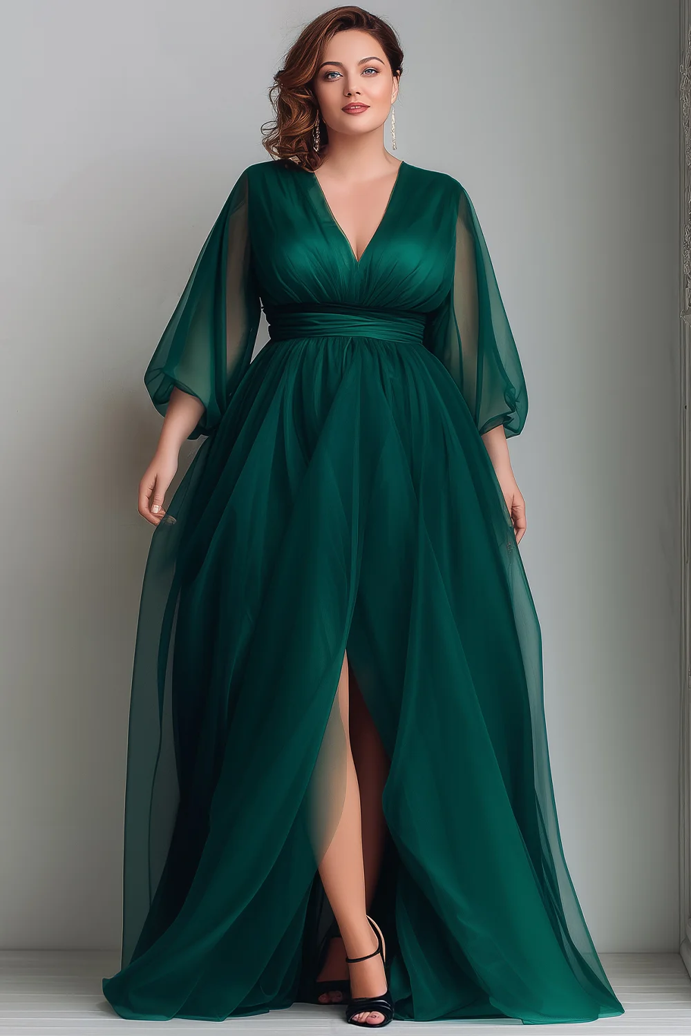 green maxi dress with white flowers Floral-Print Long Green Formal Dress with Ruffle– PromGirl main image 1