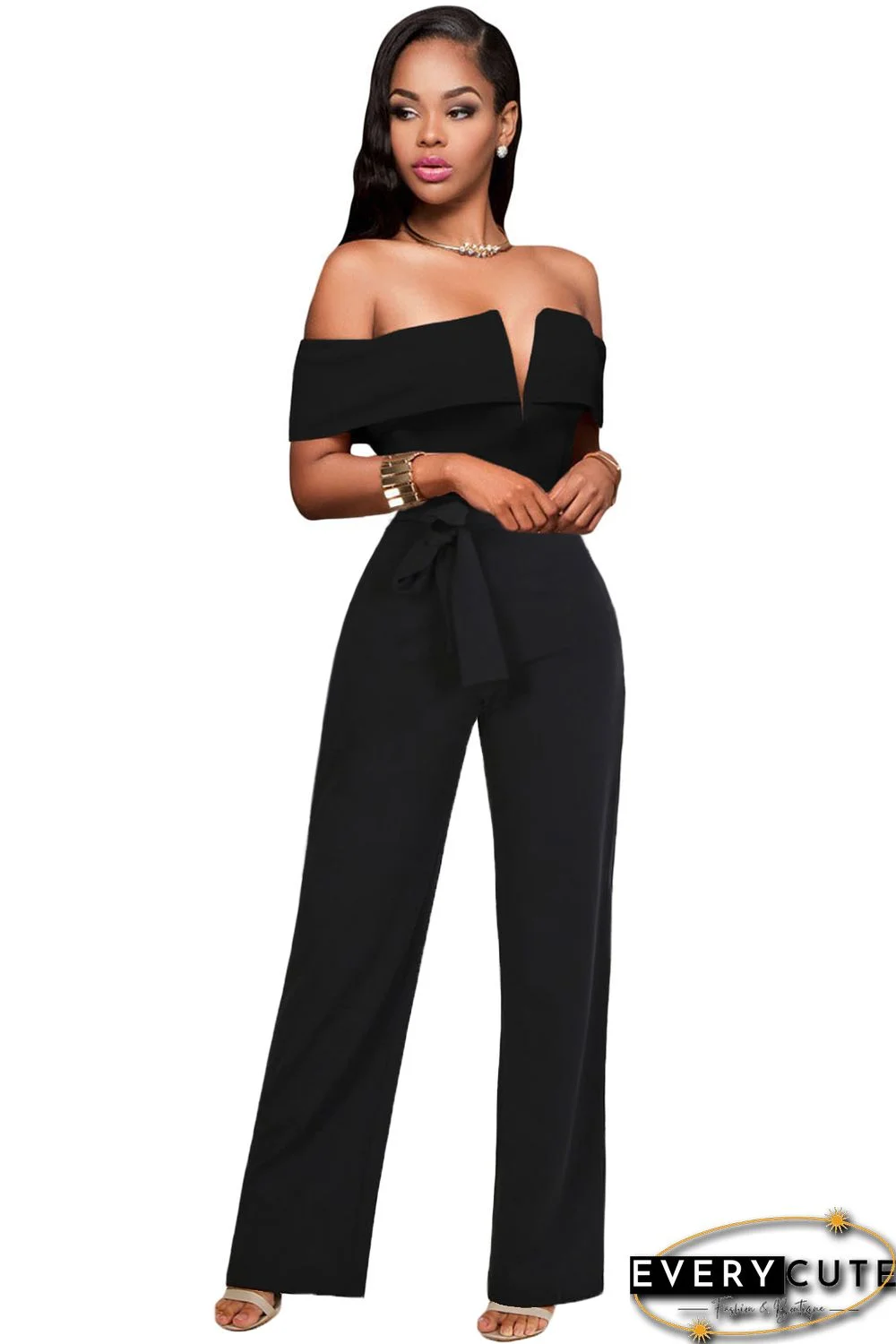 Off Shoulder V Cut Neck Wide Leg Jumpsuit