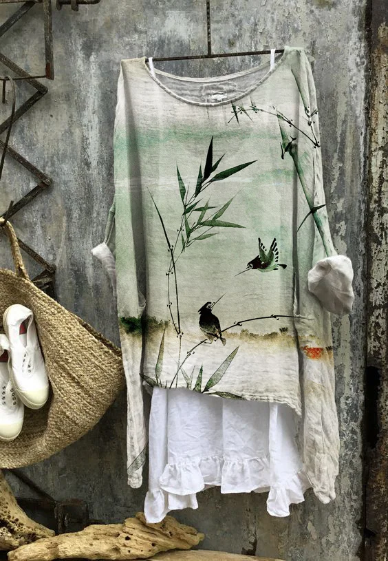 Comstylish Japan Bamboo & Bird Print Linen Loose Long Shirt