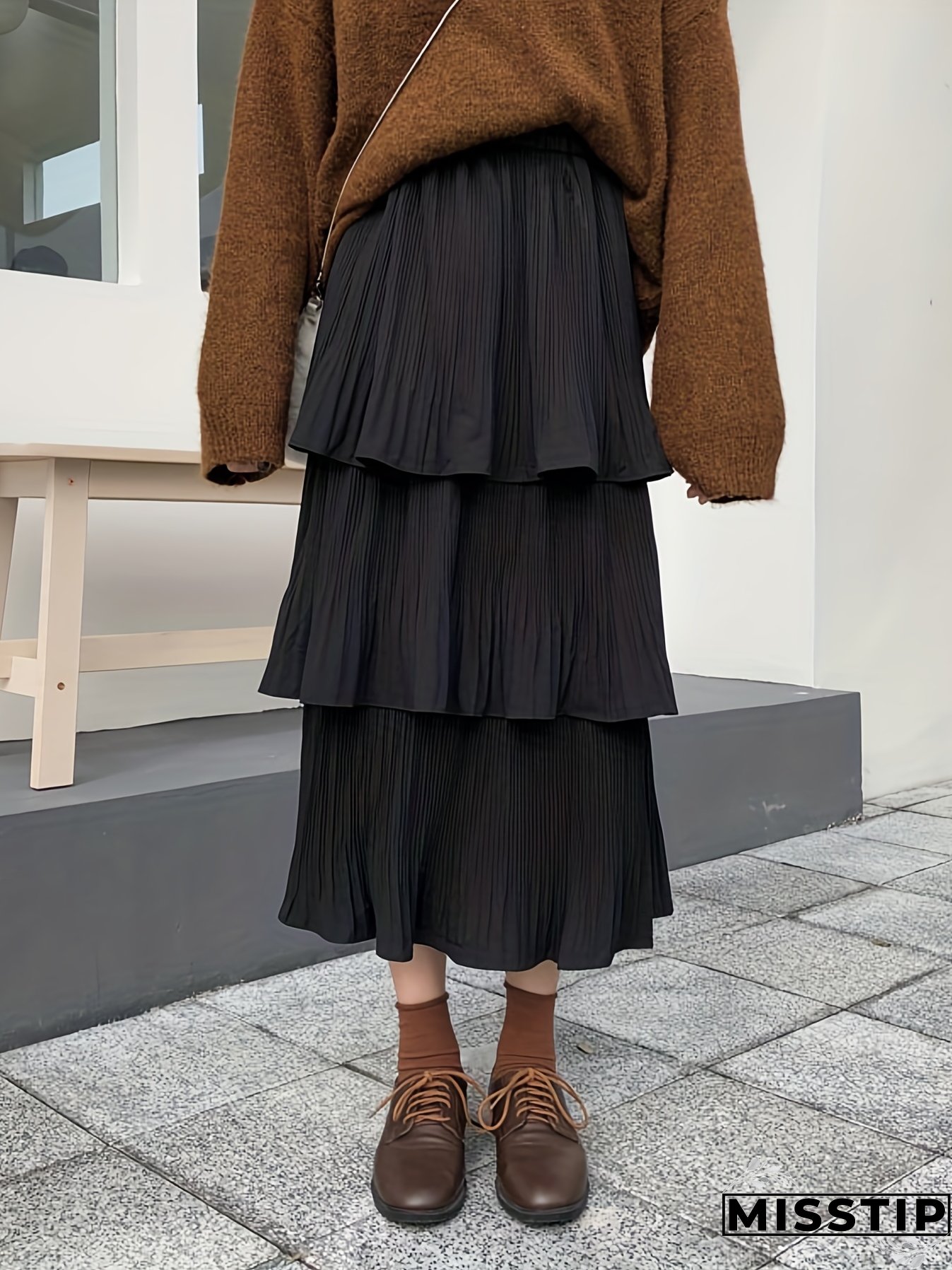 Solid Layered Ruffle Hem Skirt, Casual Pleated Skirt For Spring & Summer, Women's Clothing