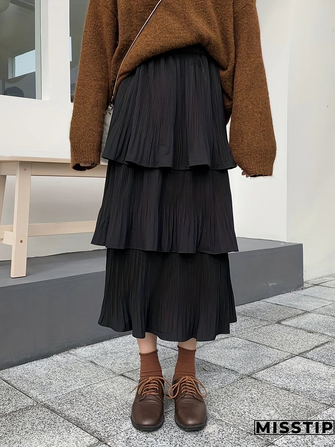 Solid Layered Ruffle Hem Skirt, Casual Pleated Skirt For Spring & Summer, Women's Clothing