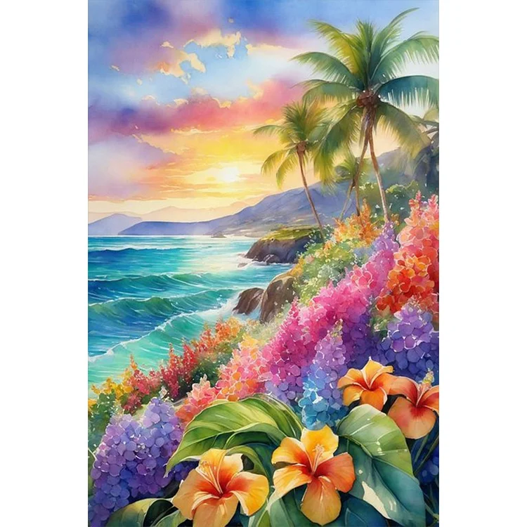 Coconut Trees And Flowers On The Seaside 40*60CM (Canvas) Full Round Drill Diamond Painting gbfke