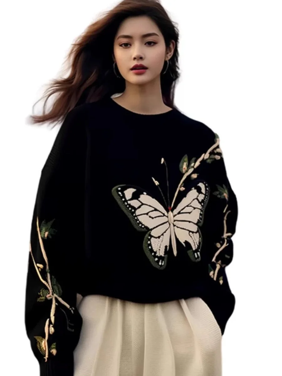 Athvotar Athvotar Butterfly Print Sweater Women 2025 Autumn And Winter New Loose This Year's Popular Beautiful Design Knitting Top