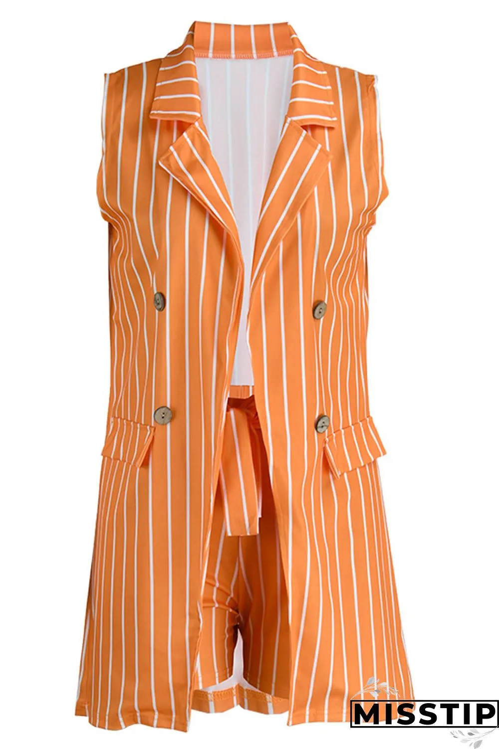 Khaki Fashion Casual Striped Print Patchwork Cardigan Turndown Collar Plus Size Two Pieces (Without T-shirt)