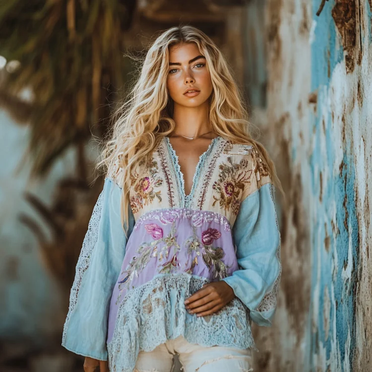 Vintage Boho Floral Color Block Patchwork Linen V-neck Tunic