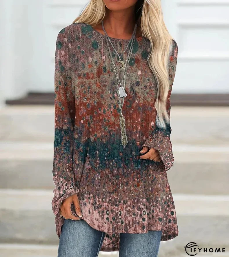 Casual Women's Crew Neck Top Loose Long Sleeve Vintage Print Pullover Fashion T-Shirt | IFYHOME