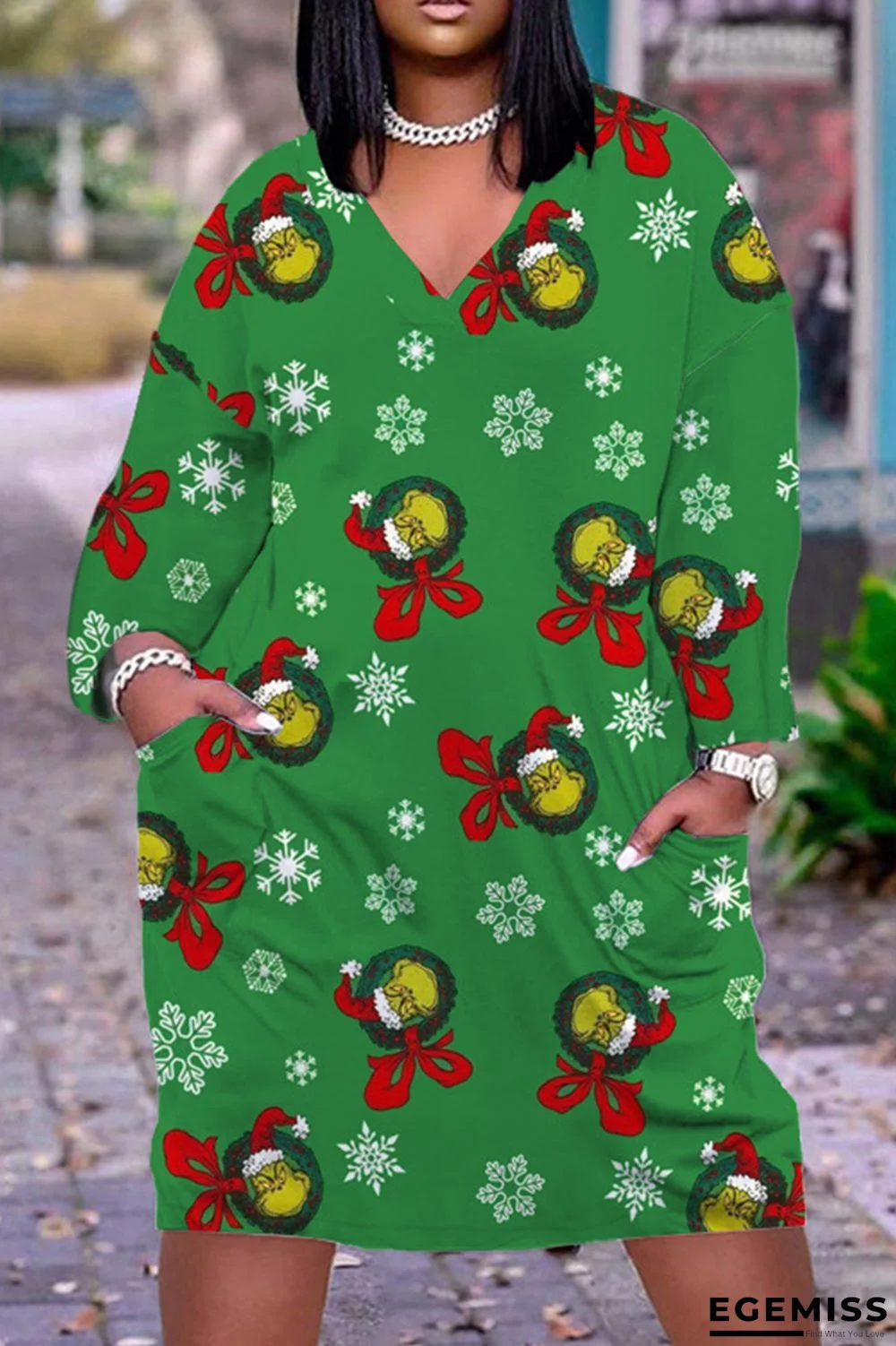 Green Casual Print Patchwork V Neck Long Sleeve Dresses | EGEMISS